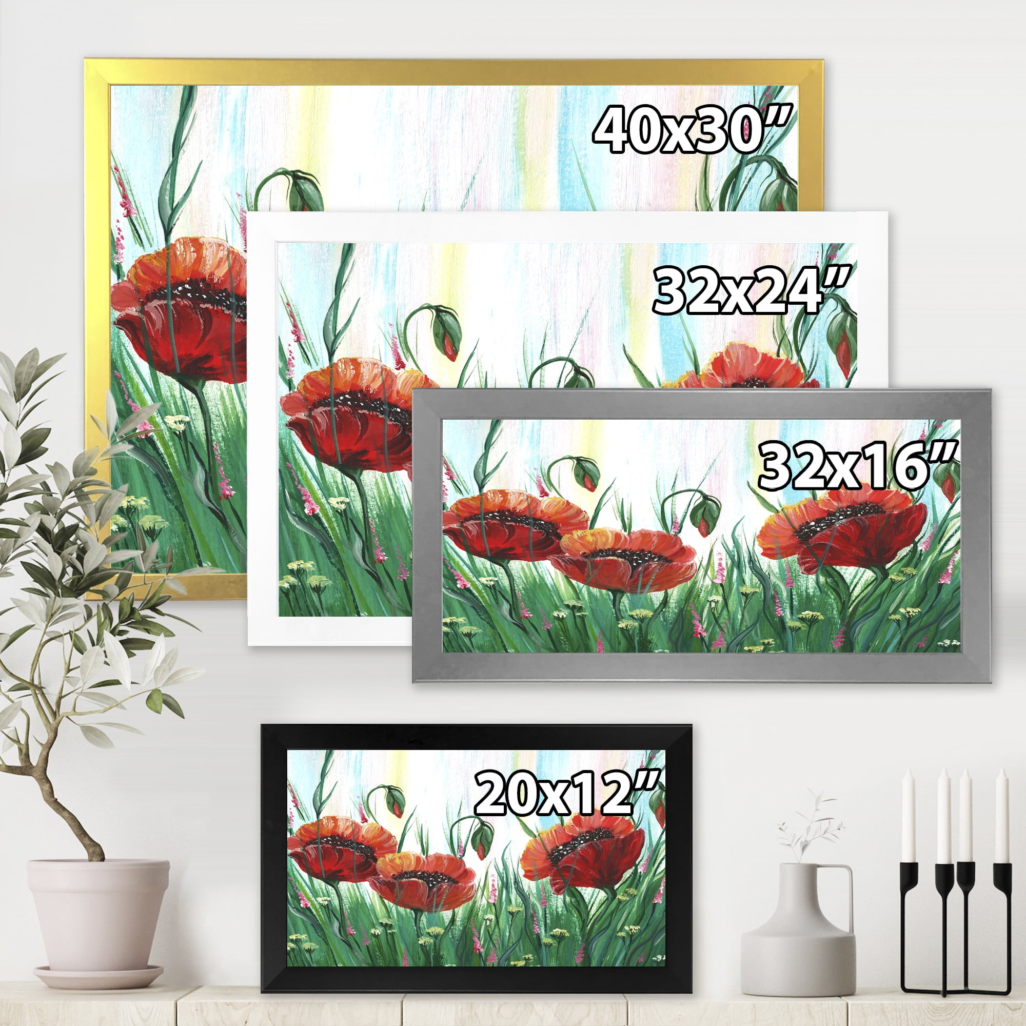 Designart 'Three Red Bright Poppy Flowers On A Green Meadow' Traditional Framed Art Print