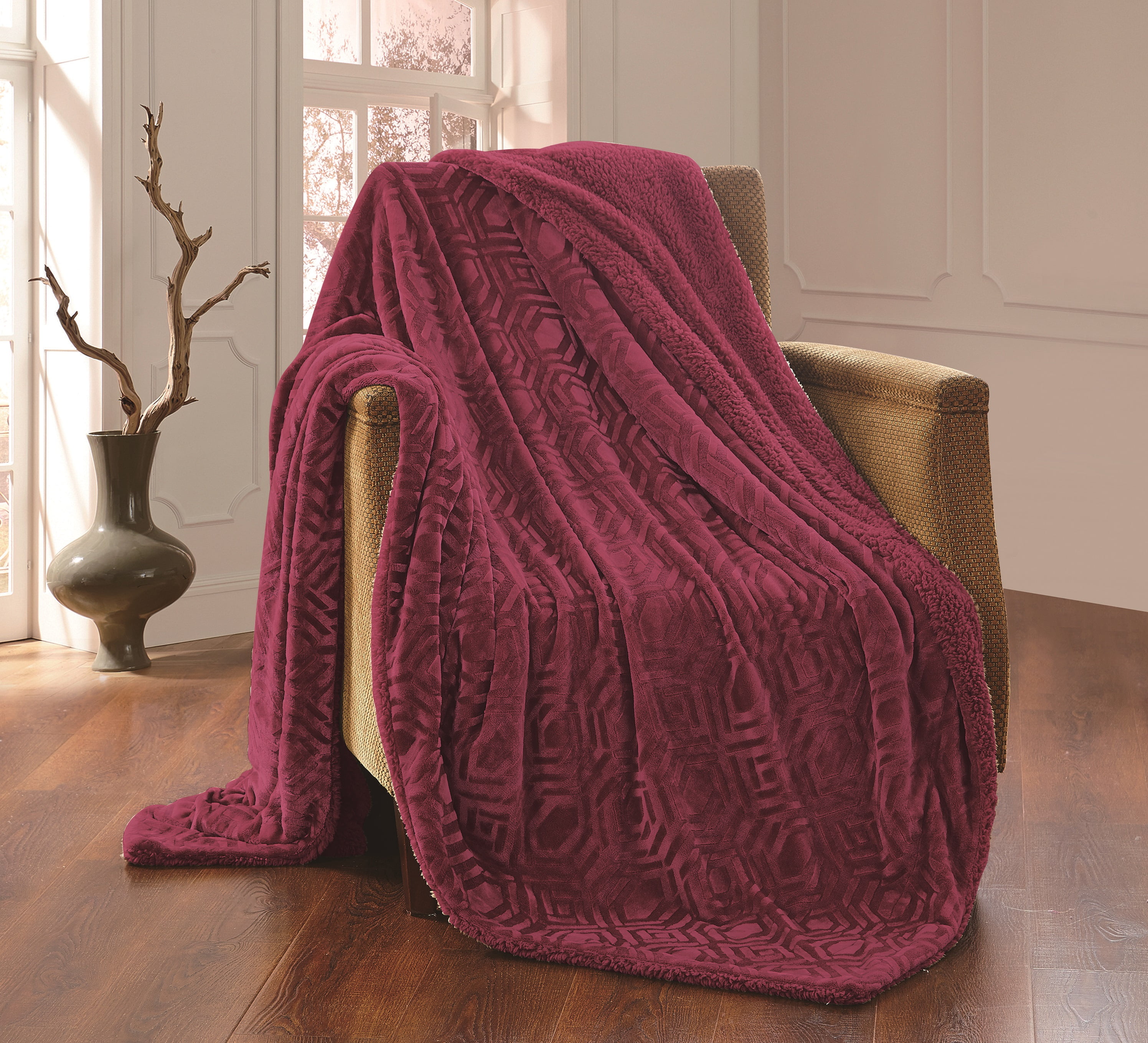 All American Collection New Solid Plush Throw Blanket with Sherpa