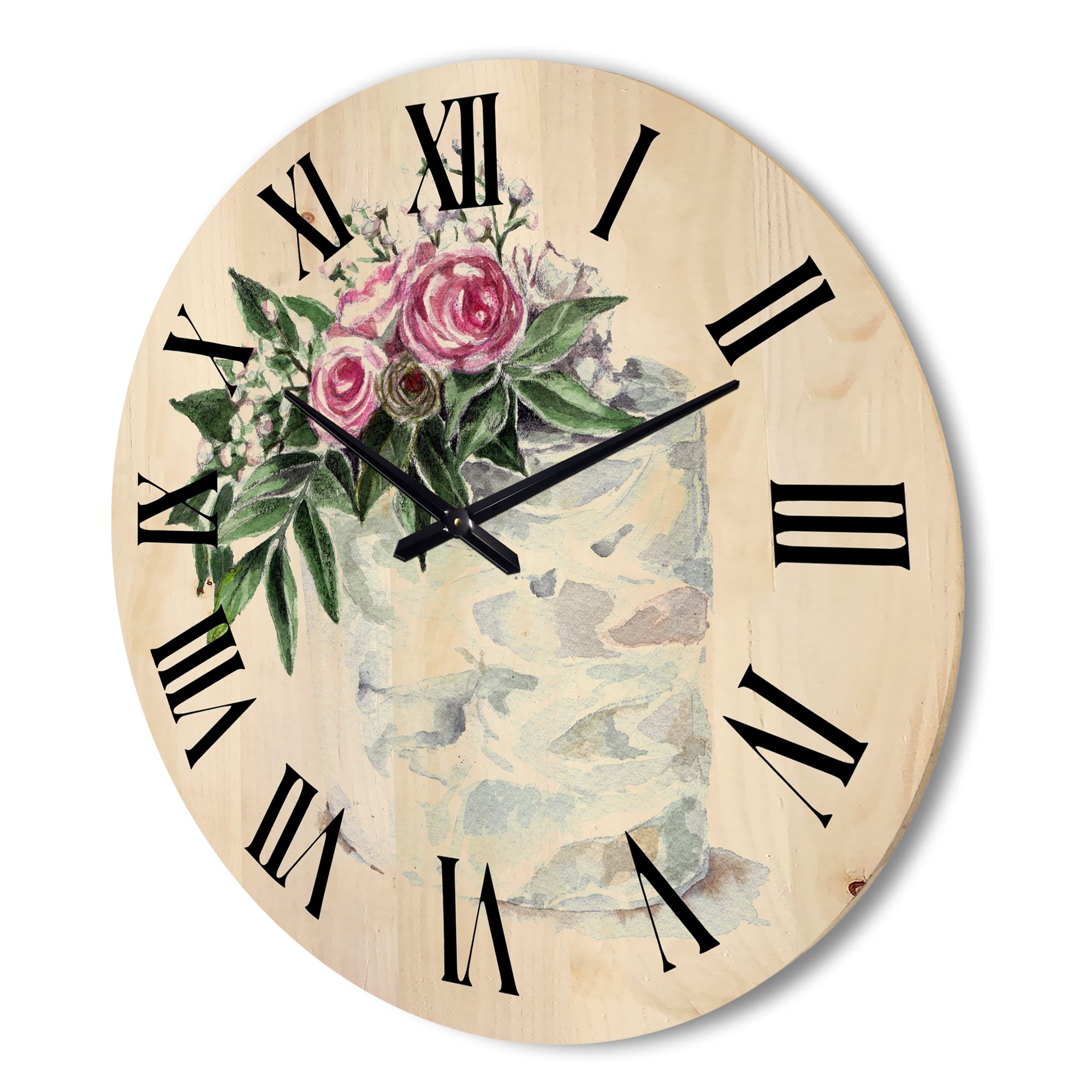 Designart 'White Flowers and Pink Roses On Cake' Traditional Wood Wall Clock