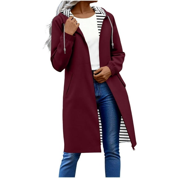 Womens Waterproof Rain Jackets Mid-Length Hooded Raincoats Striped Lined Outdoor Hiking Windbreaker Trench Coats
