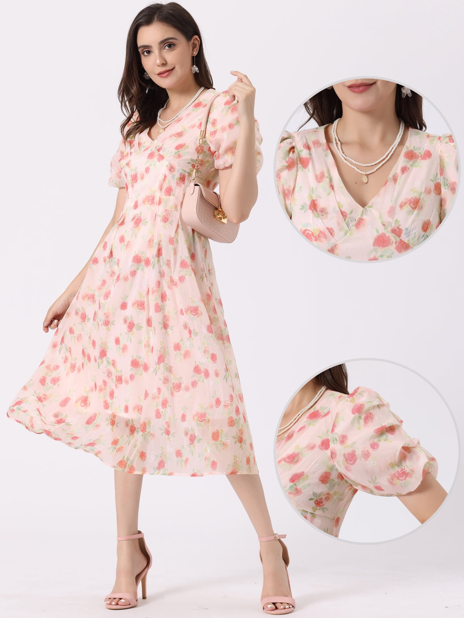 DARING DIVA Organza Dress Puff Floral Print Dress L Pink