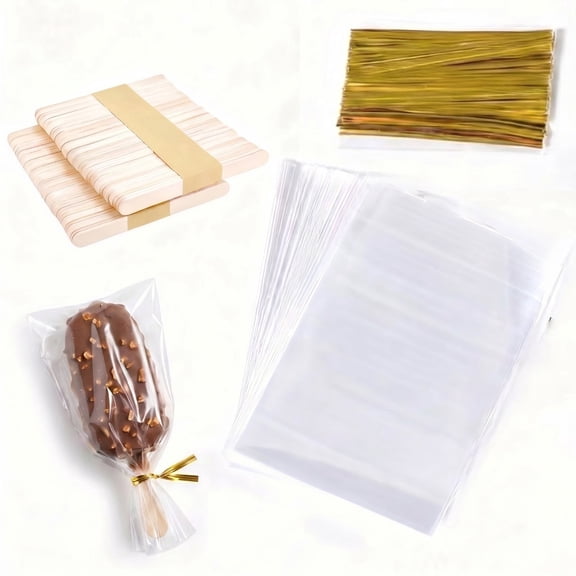 200 Pack 4×6.3 Inches Clear Cakesicle Bags with Sticks & Ties, Cellophane Treat Bags for Rice Krispie, Brownie, Macaron, Chocolate, Bakery Party Favor Supplies