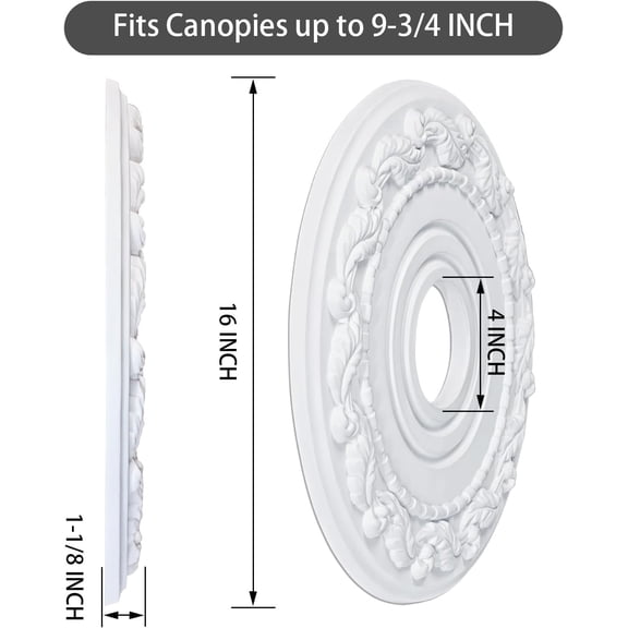 UGUCYUI-Molded PU Ceiling Medallion for Light Fixtures and Ceiling Fans, 16"OD x 4"ID x 1-1/8"P White (Fits Canopies up to 9-3/4")