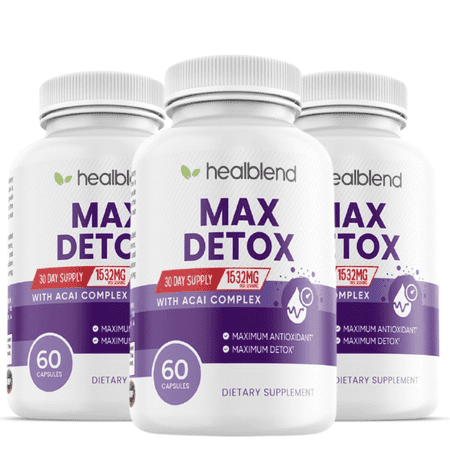 Healblend Max Detox Colon Cleanse & Liver Support Supplement - Psyllium, Papaya, Acai, Chlorella - Relieves Bloating, Constipation, Gas & Detoxes - for Men & Women (3 Pack)