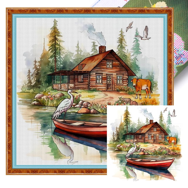 (2) Hilo Algodón Ecológico Bordado 11CT 3 Hebras Impresión 45x45cm Kit Serie Paisaje Punto Cruz para Casa Pastoral
