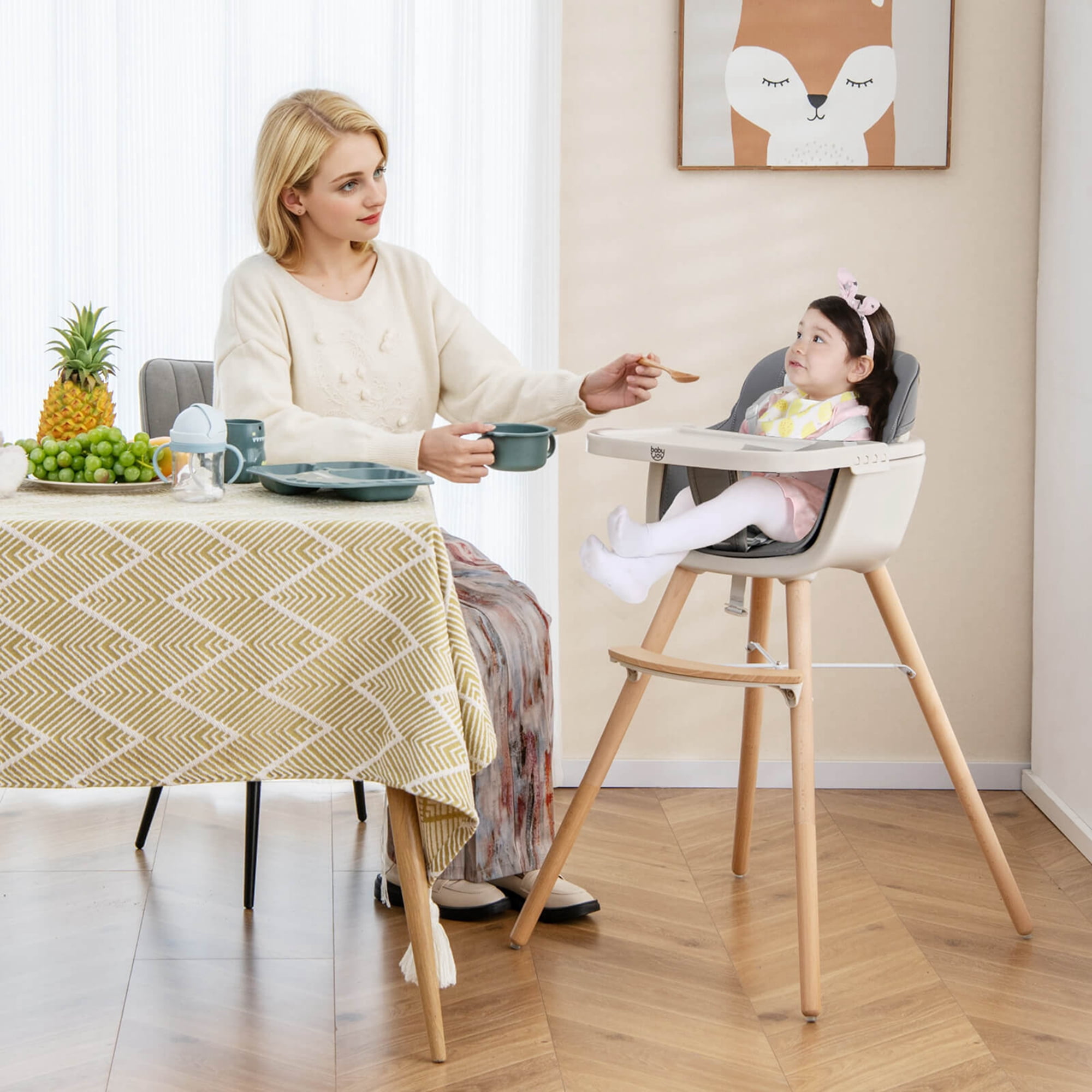 Babyjoy 3 in 1 Convertible Wooden High Chair Toddler Feeding Chair with Cushion Dark Gray