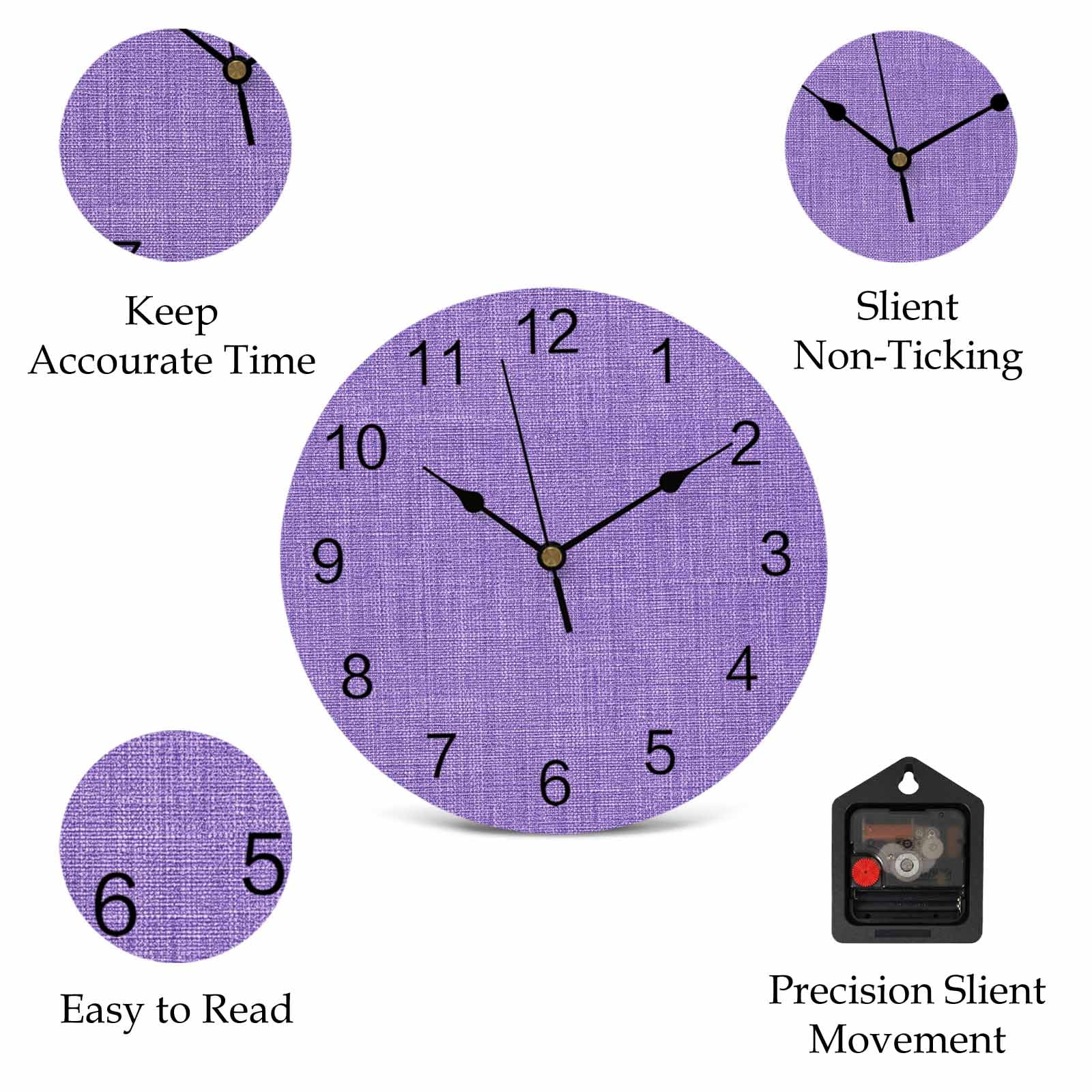 Wall Clock Purple Linen Texture Clocks PVC Silent Non-Ticking Battery Operated Decorative Farmhouse Solid Color Round Clock for Home Living Room Kitchen Bedroom Office School Wall Decor 14 Inch