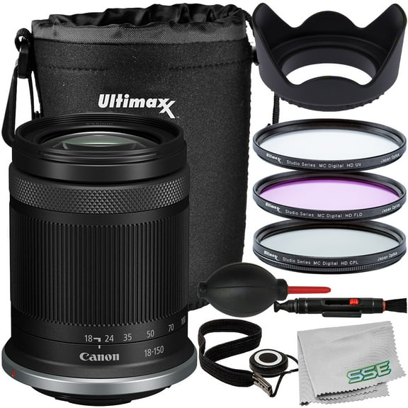 Ultimaxx Essential Canon RF-S 18-150mm Lens Bundle (White Box) - Includes: Water-Resistant Lens Pouch, 3PC Protective Filter Kit (UV, CPL, FLD), Tulip Lens Hood & More (12pc Bundle)