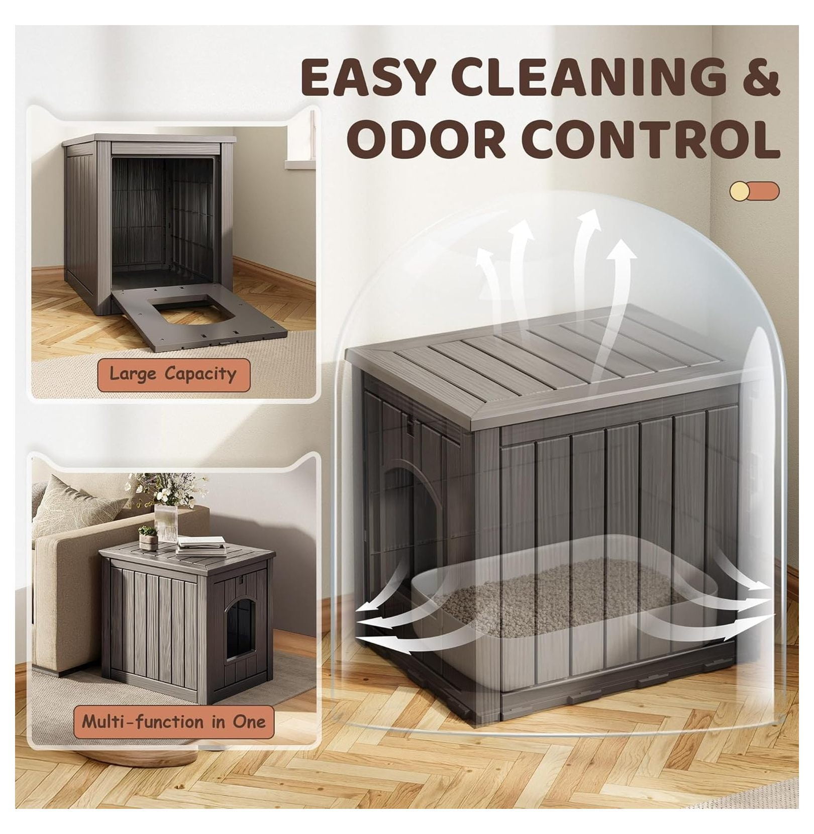 Cat House Indoor Outdoor, PP Plastic Cat Shelter - Large Gray Cozy Pet House for Cats & Kittens, Easy Assembly, Waterproof, All-Season Hideaway