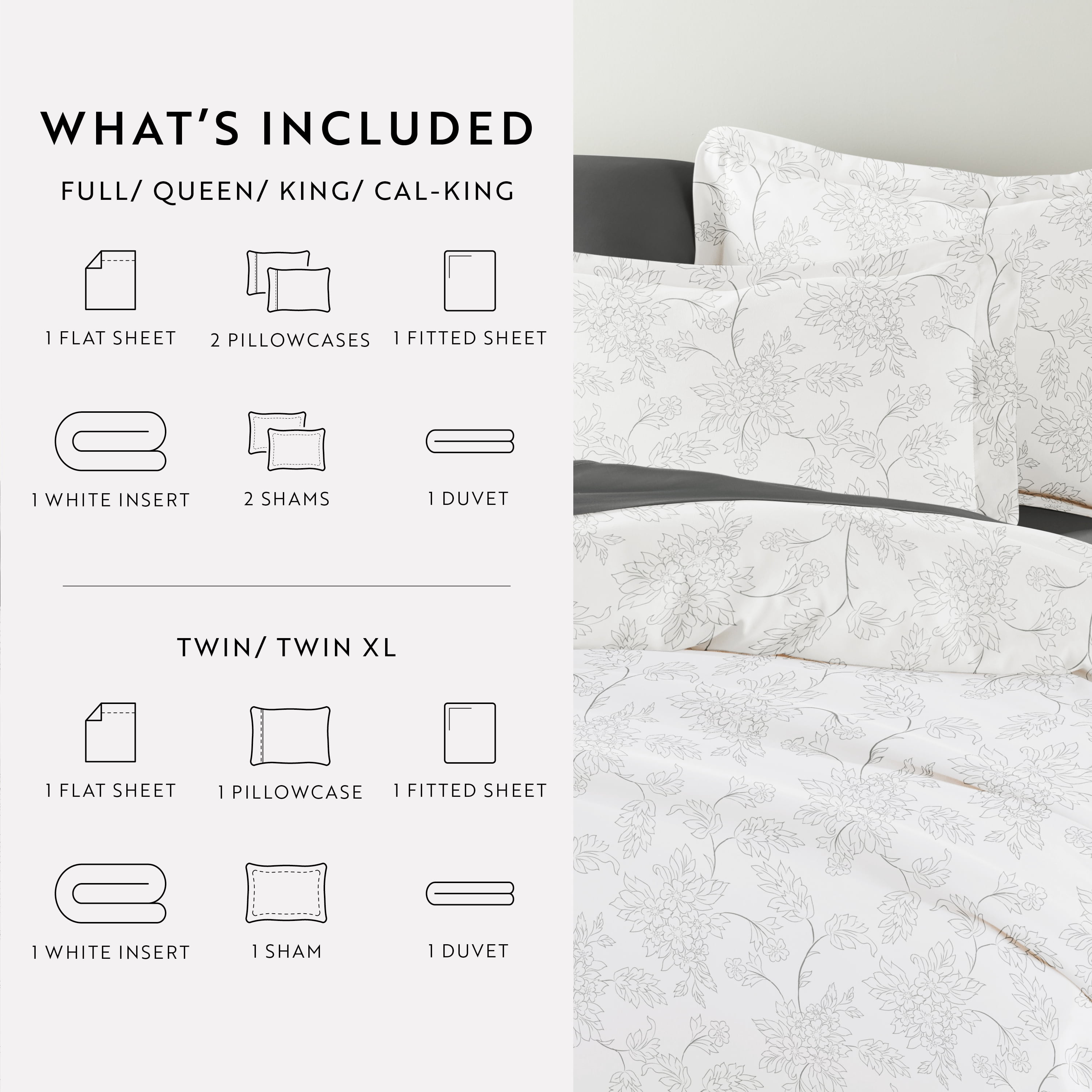Noble Linens 8 Piece Patterned Duvet Bedding Bundle, Vines Gray, Full