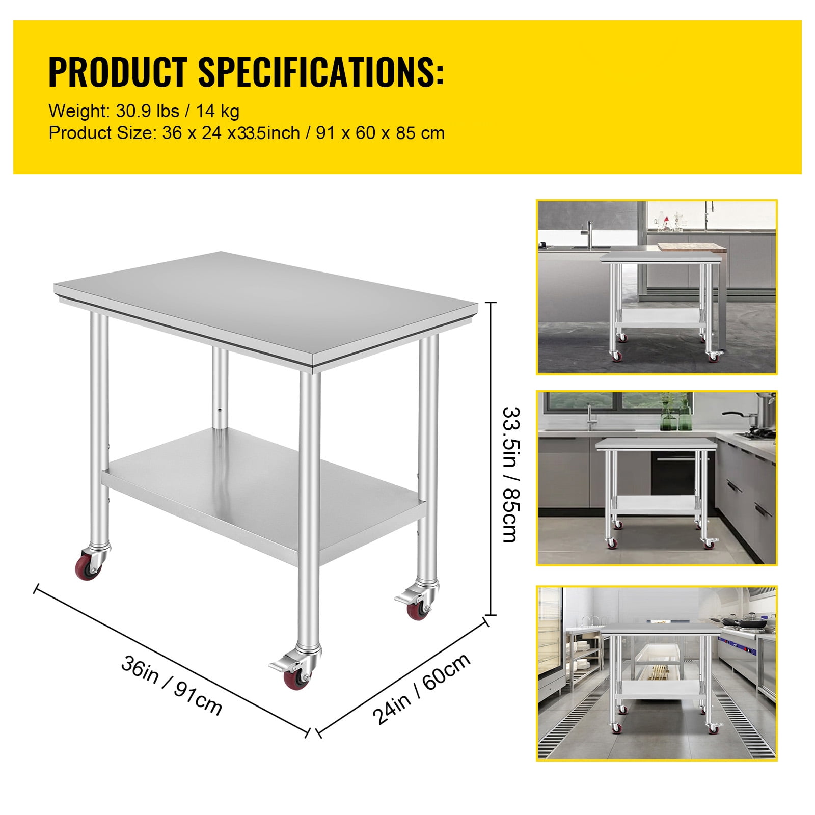 KFFKFF Commercial Work Food Prep Table, 36"x24" Stainless Steel Rolling Kitchen Cart with 4 Caster Wheels ,Heavy Duty Worktable Adjustable Undershelf