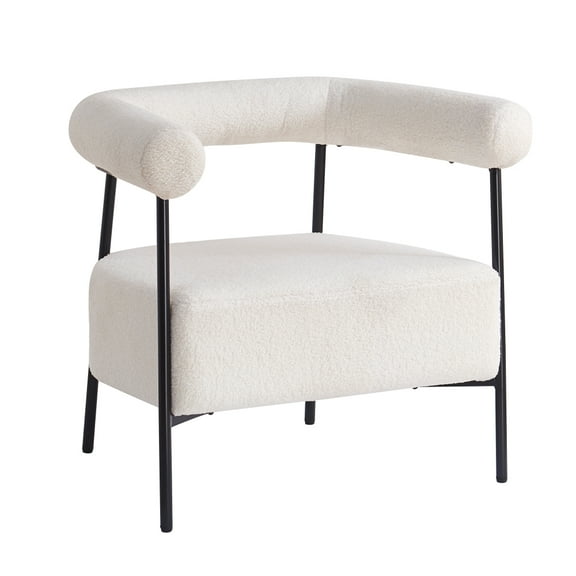HomePerch Modern Boucle Accent Chair, Upholstered Barrel Armchair with Curved Back and Black Metal Legs, Comfy Sherpa Chair for Living Room or Bedroom – White