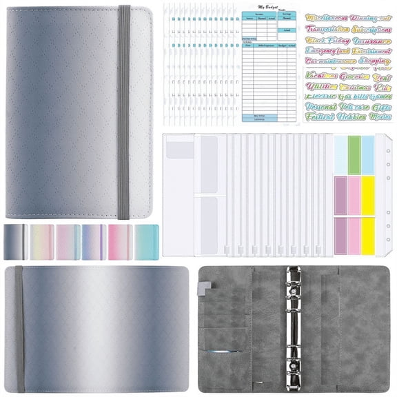 A6 Gradient Macaron Binder Hand Ledger Notebook Leather PU Loose-Leaf Book Cash Budget with Zip Bag, Grey