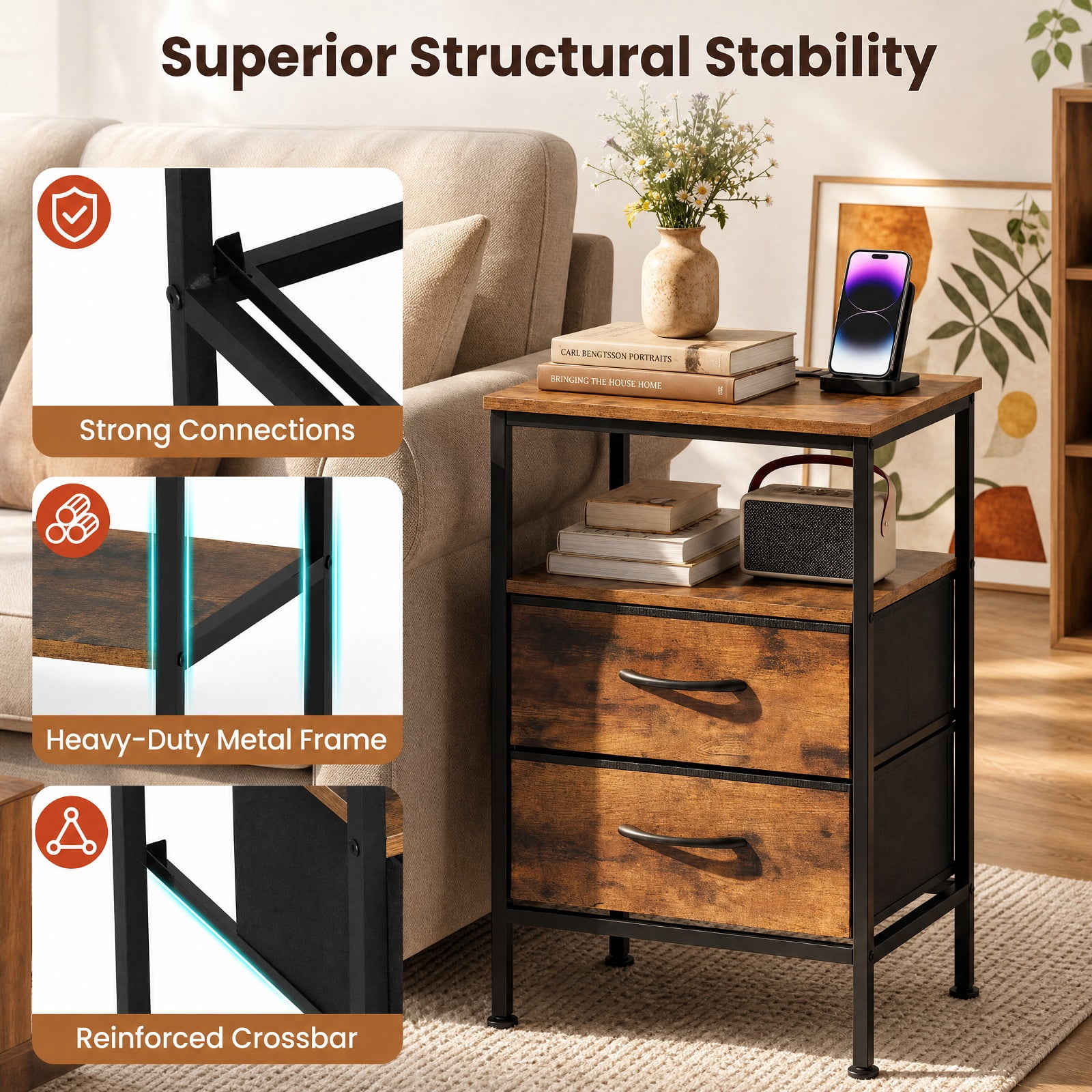 Furnibear Nightstand with Charging Station 24.5 inch Modern Bedside Table with 2 Fabric Drawers for Bedroom Living Room Bedside Sofa, Rustic Brown