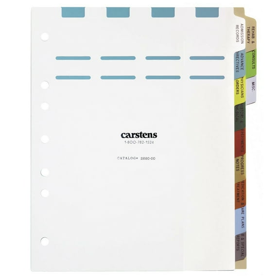 Carstens Heavy Duty Plastic Adult Medical Care Divider Set, 12-Tab, with Pull Tab Die Cuts, Multi-Color for Side-Opening 3-Ring and 5-Ring Binders