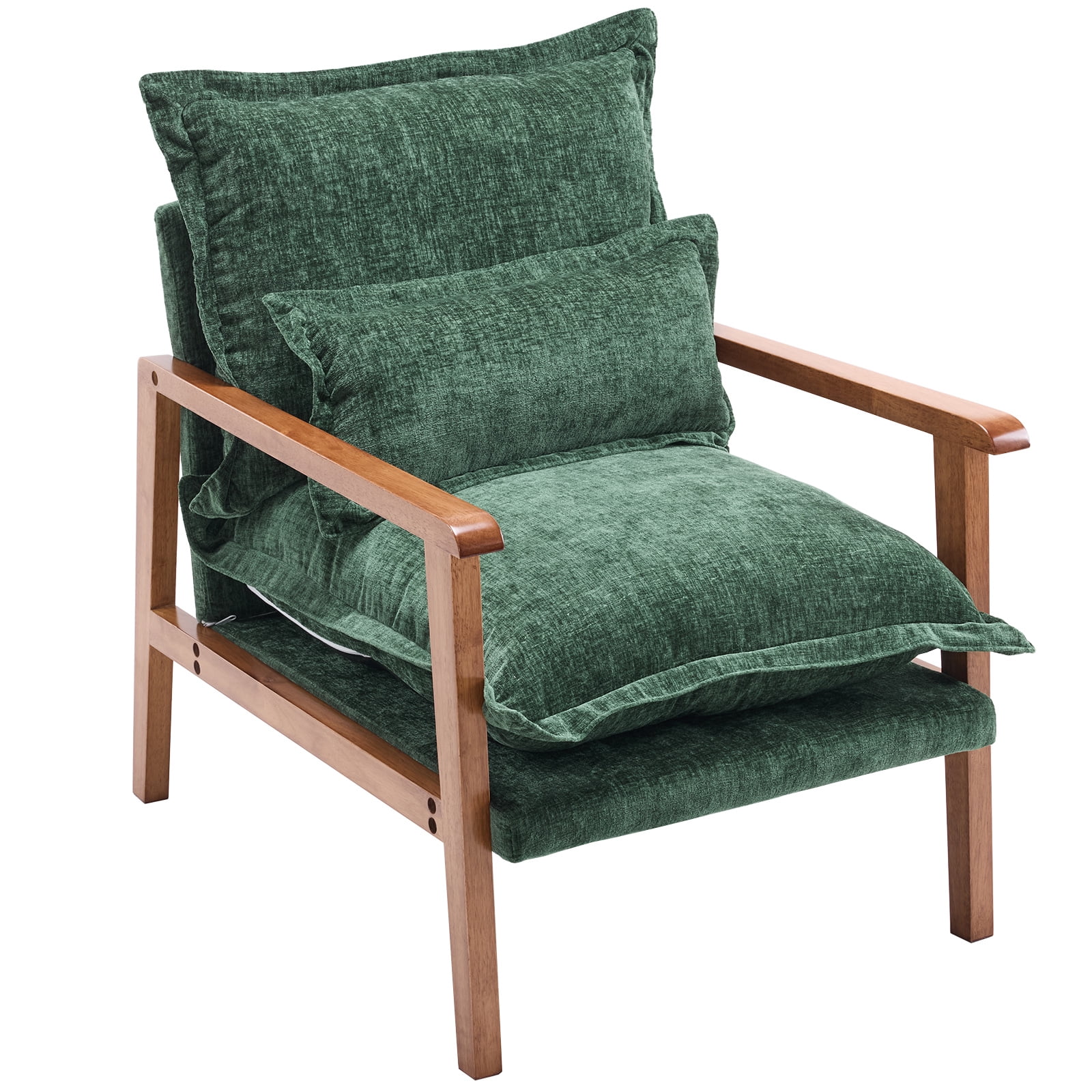 Cloud Shaped Indoor Leisure Chair with Solid Wood Armrest & Frame, Chenille Fabric Accent Chair with Lumbar Pillow, Dark Green