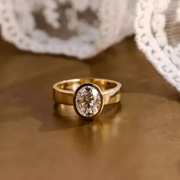 2.00Ct Oval Cut Lab Created Bezel Set Diamond Engagement Wedding Ring in 14k Yellow Gold Plated