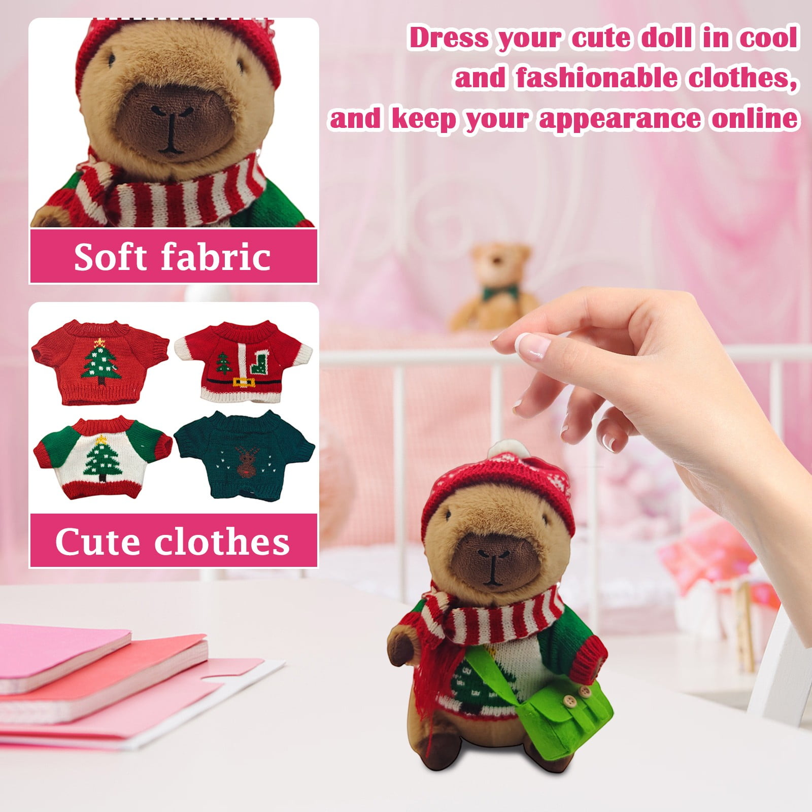 9.84" Capybara Plush Toy Set (11Pcs) - 1*Plush Dolls & 4*Clothings & 2*Head Covers & 2*Bags & 2* Scarves - Cuddly Soft Huggable Stuffed Animals Toy Pillows, Perfect Gifts for Women Teens & Fans
