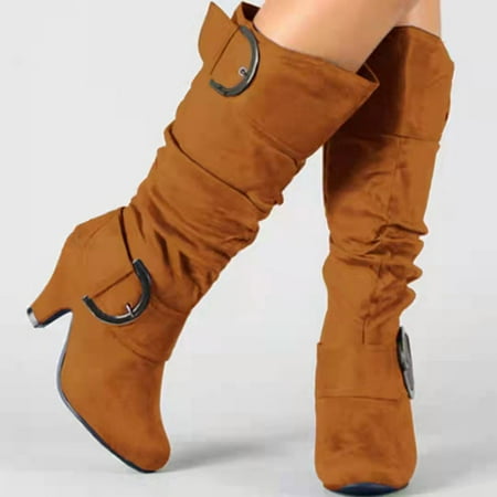 

Tejiojio Clearance Women s Winter Warm High Heel Straight Leather Belt Buckle Suede Thick Heel Knight Boots