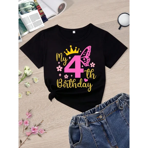 My 4Th Birthday Princess Crown Butterfly Graphic Tee For Kids Girls Cute Funny Style Holiday Gift Unisex Short Sleeve Cotton Tee