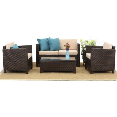 Superjoe 4 Pcs Outdoor Patio Furniture Set Wicker Sectional Sofa with Coffee Table Brown