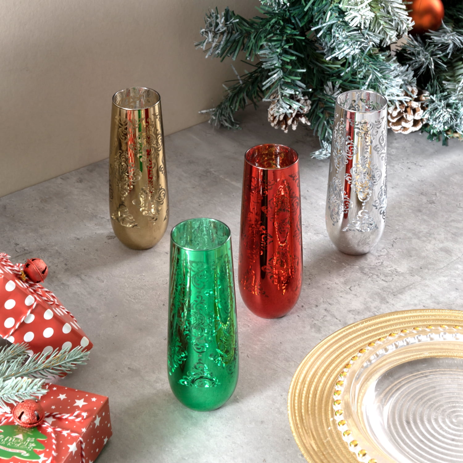 MyGift Set of 4 Modern Christmas Champagne Flutes 9 oz Stemless Sparkling Wine Glasses with Baroque Pattern Multicolored Holiday Drinkware for Parties Home Entertaining