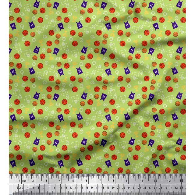 Soimoi Polyester Crepe Fabric Trophy,Timer Clock & Basketball Sports Decor Fabric Printed Yard 42 Inch Wide