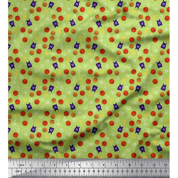Soimoi Moss Georgette Fabric Trophy,Timer Clock & Basketball Sports Print Fabric by The Yard 42 Inch Wide