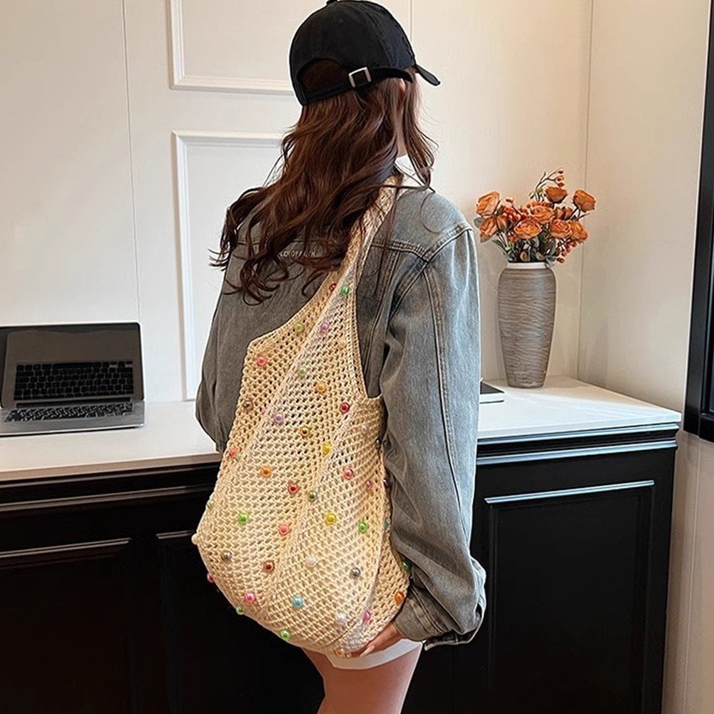 Jiibva Crochet Beach Bags Woven Travel Tote Boho Shoulder Bag Hollow Knitting Handbag Mesh Shoulder Bag Women Knitted Handbags for Holiday, Daily Work