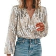 thumbnail image 2 of Women Sequined Blouse Long Sleeve V Neck Overlapping Pullover Fashion Top Glamorous Party Wear Shiny Elegant Womens Office Dinner Outfit, 2 of 5