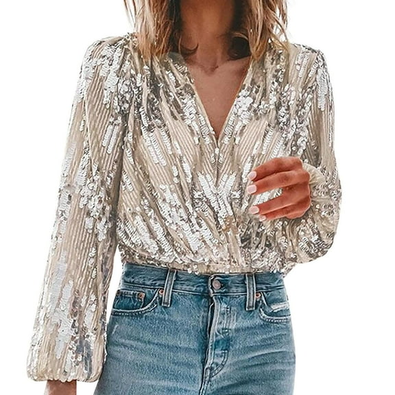 Perfectbot Womens Sequin T Shirt Long Sleeves V Neck Sparkly Tops Evening Party Holiday Club Night Blouse