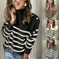 thumbnail image 5 of Women Long Sleeve Turtleneck Sweater Metal Buttons Knitted Striped Jumper Tops, 5 of 17