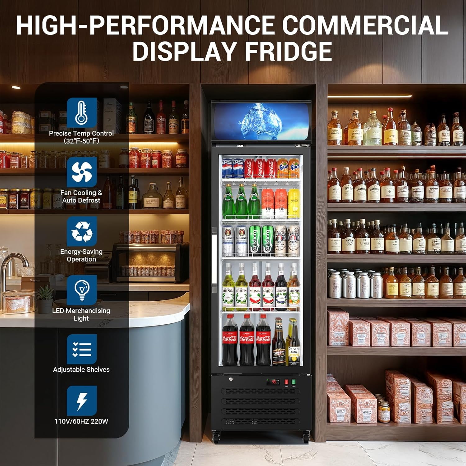 Ecojoy Commercial Beverage Refrigerator 14.8 Cu Ft, Commercial Display Fridge with Glass Door & Front LED Light for Stores, Restaurant, Office