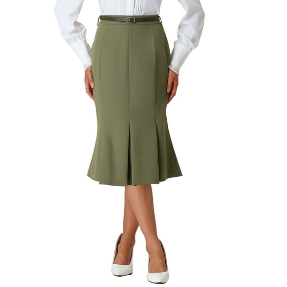 Falda de trabajo sólida INSPIRE CHIC para mujeres, longitud por debajo de la rodilla, falda de cola de pez con cinturón L Verde Oliva