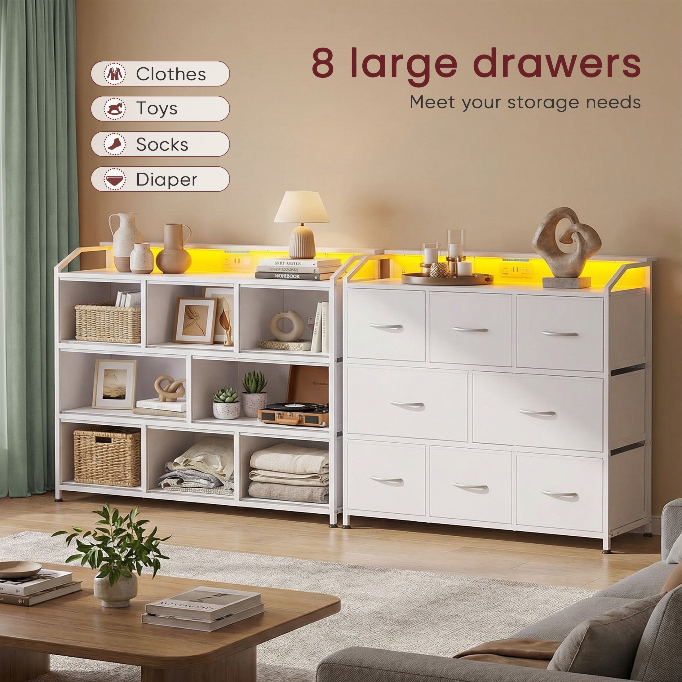 edx 8-Drawer Fabric Dresser with Power Outlets & LED Light, Multifunctional TV Stand Storage Cabinet for Bedroom, Living Room, Office & Hallway, White