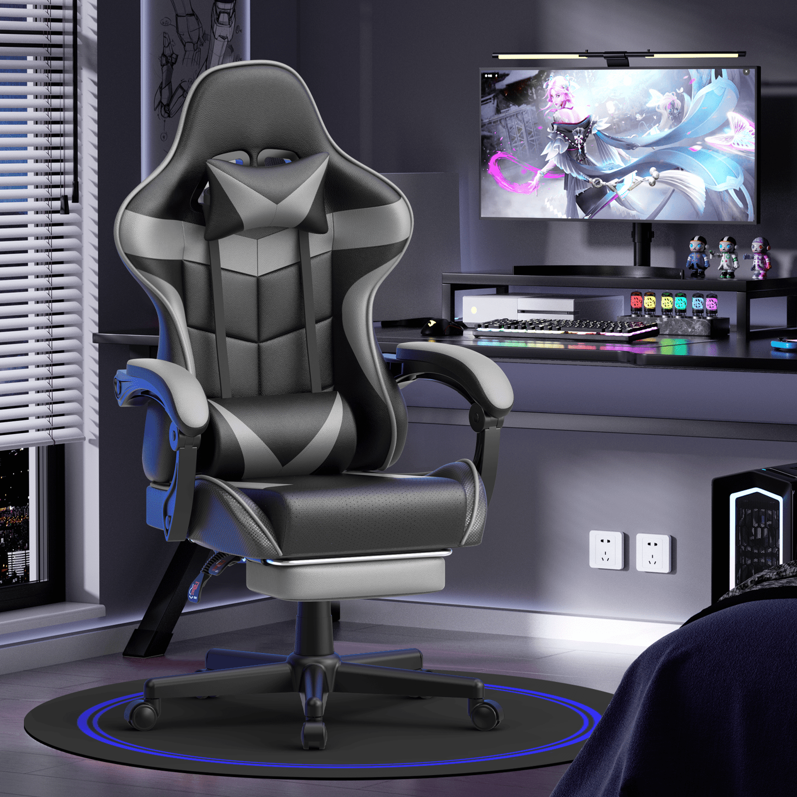 Soontrans Ergonomic Leather Gaming Chair with Lumbar Support and Headrest, Gray