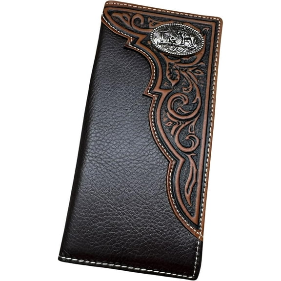 Leather Long Wallet Floral Embossed Tooled Bi Fold Soft Leather Cowboy Praying Concho Checkbook Style Cowboy Hand Crafted High End Mens Wallets Leather Gifts For Men (Coffee)