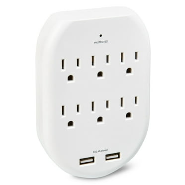 onn Surge Protector Wall Tap with 6 AC Outlets 2 USB Ports, 125 Volts 15 Amps, White