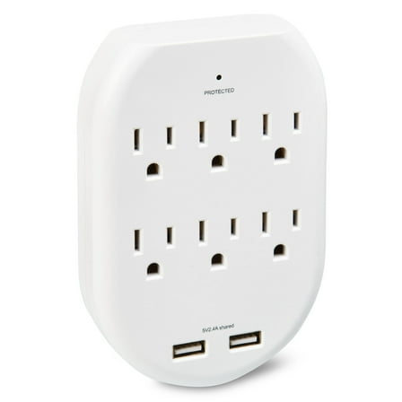 onn Surge Protector Wall Tap with 6 AC Outlets and 2 USB Ports, White