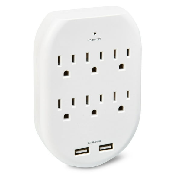 onn Surge Protector Wall Tap with 6 AC Outlets and 2 USB Ports, White