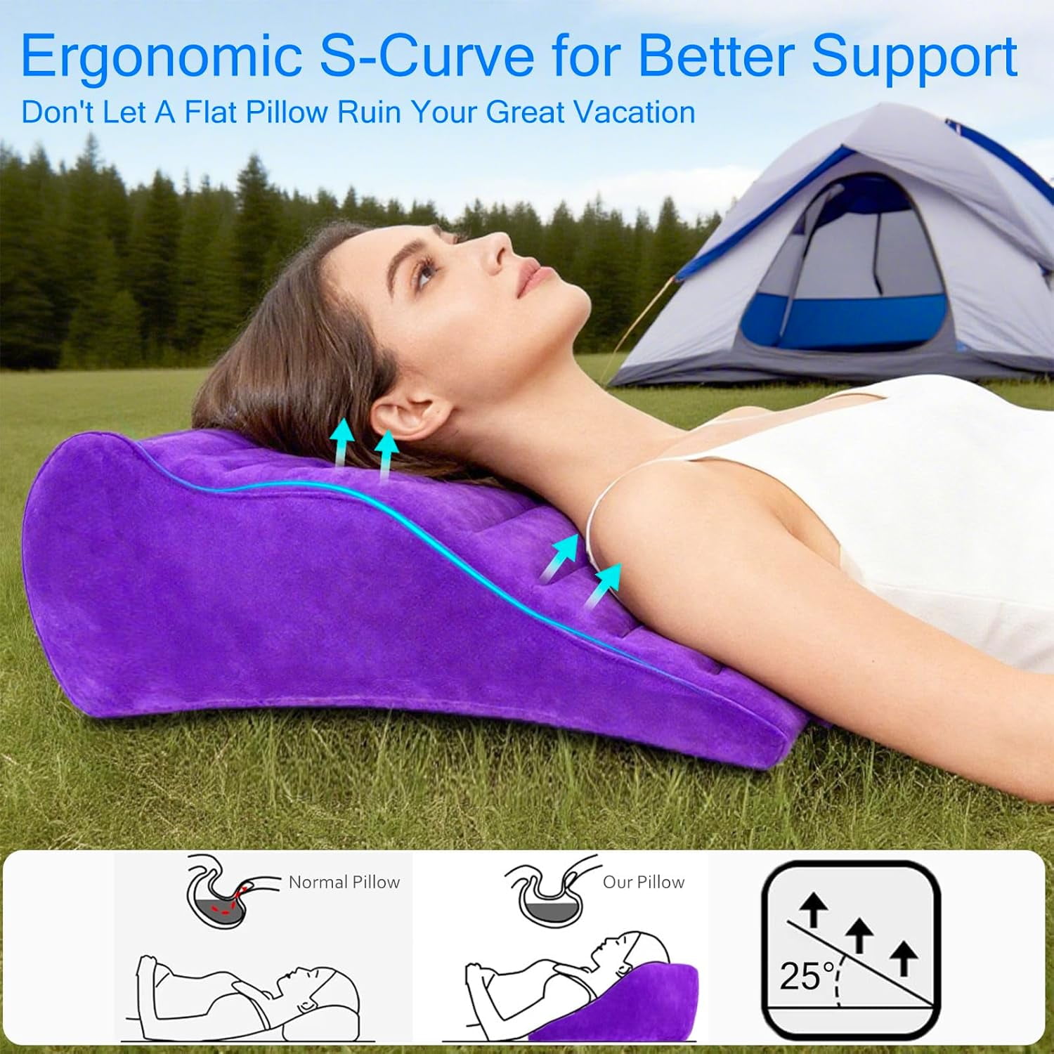 Inflatable Wedge Pillow for Traveling, Lightweight Wedge Pillow for Acid Reflux Relief, Portable Pillow Wedges for Sleeping, Blow Up Travel Pillow for Camping, Back Lumbar Support, Purple