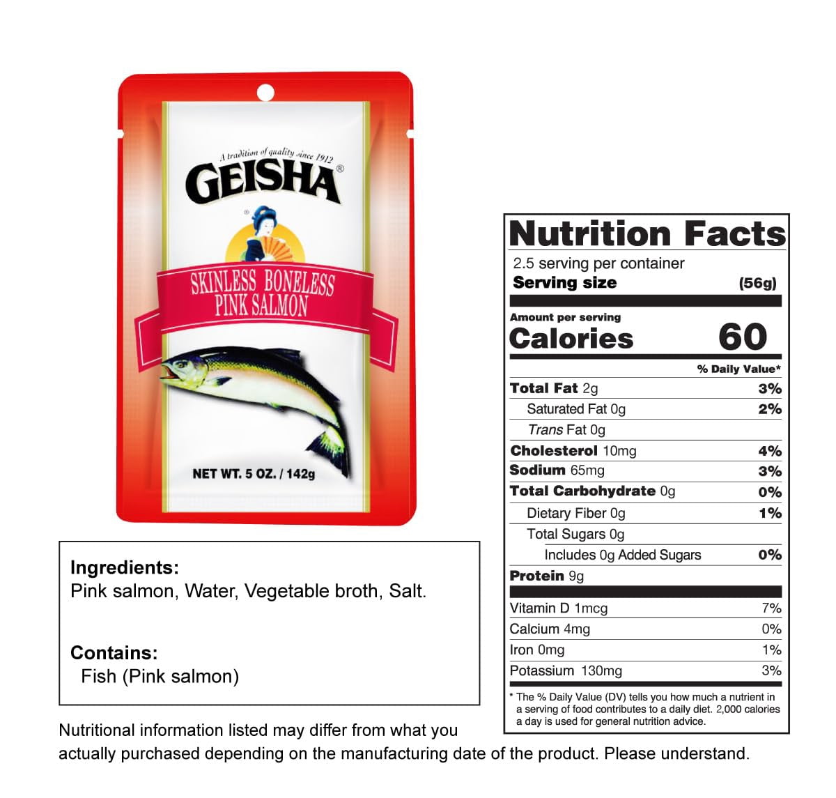 GEISHA Skinless Boneless Pink Salmon 5oz (Pack of 12), Pink Salmon| HALAL - Contains 9g of Protein - Kosher - Zero Trans Fat – Gluten Free - No Sugar Added – Wild Caught