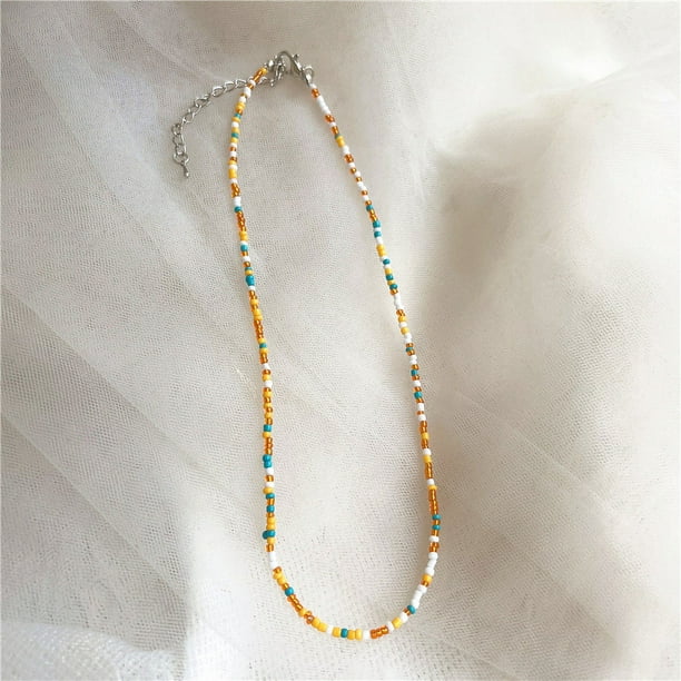 Nvzi Gargantilla de cuentas de semillas de arcoíris, collar de cuentas de vidrio de colores, collar de cuentas de arroz, collar hecho a mano, gargantilla de playa, cadena de joyería estilo K