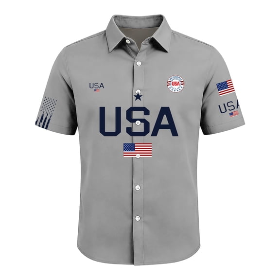 LNZGNM 4th of July Patriotic Shirts Men USA 250th Anniversary Button Down Hawaiian Shirts Casual USA Flag Collared Shirt Summer Tops,Gray S