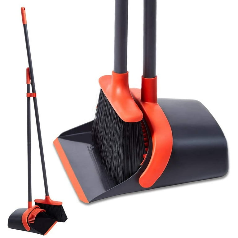 Broom and Dustpan Set for Home,Long Handle Broom with Upright Standing Dustpan,Broom and Dustpan Combo for Office Home Kitchen Lobby Floor Cleaning