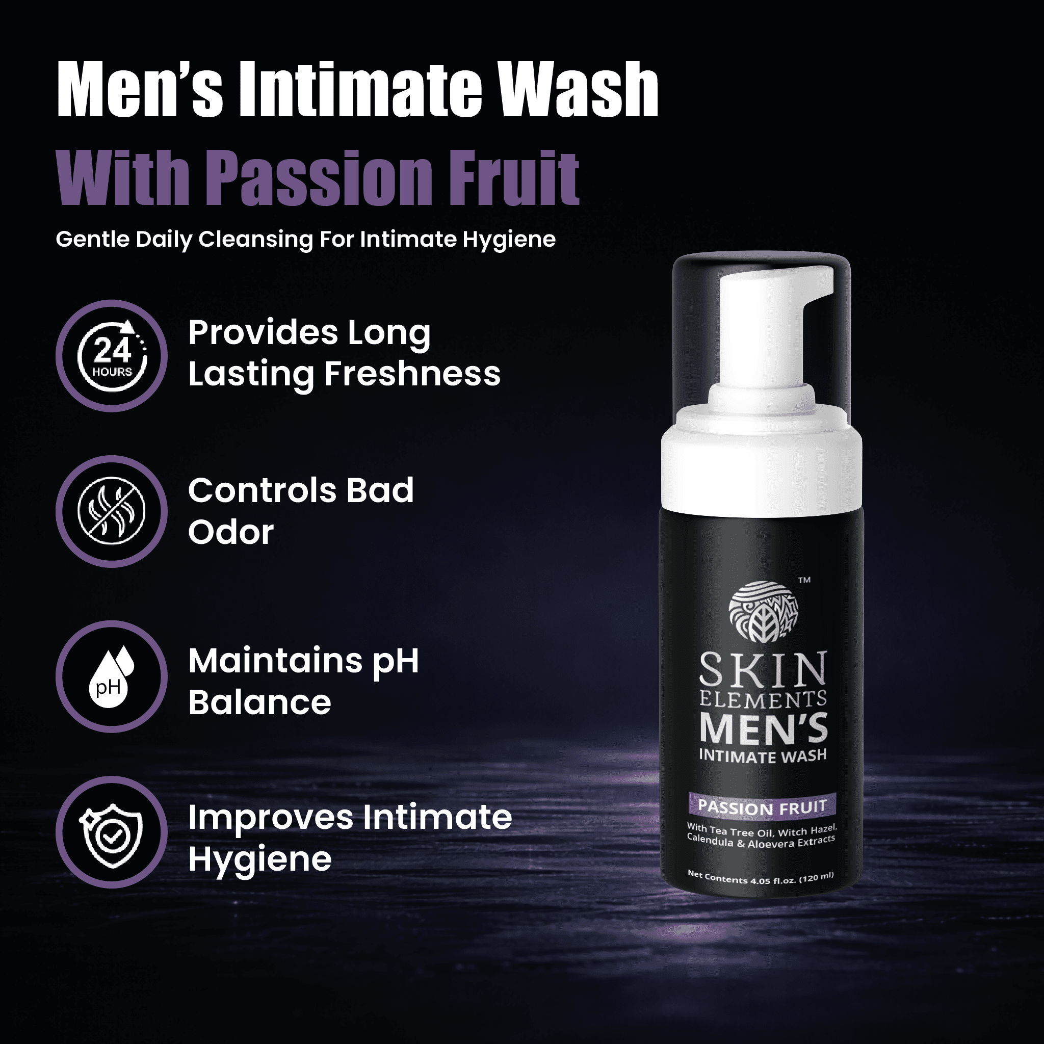 Skin Elements Intimate Wash for Men with Passion Fruit (4.05 Fl Oz) | pH Balanced Foaming Wash | Controls Bad Odor and Soothes Intimate Skin