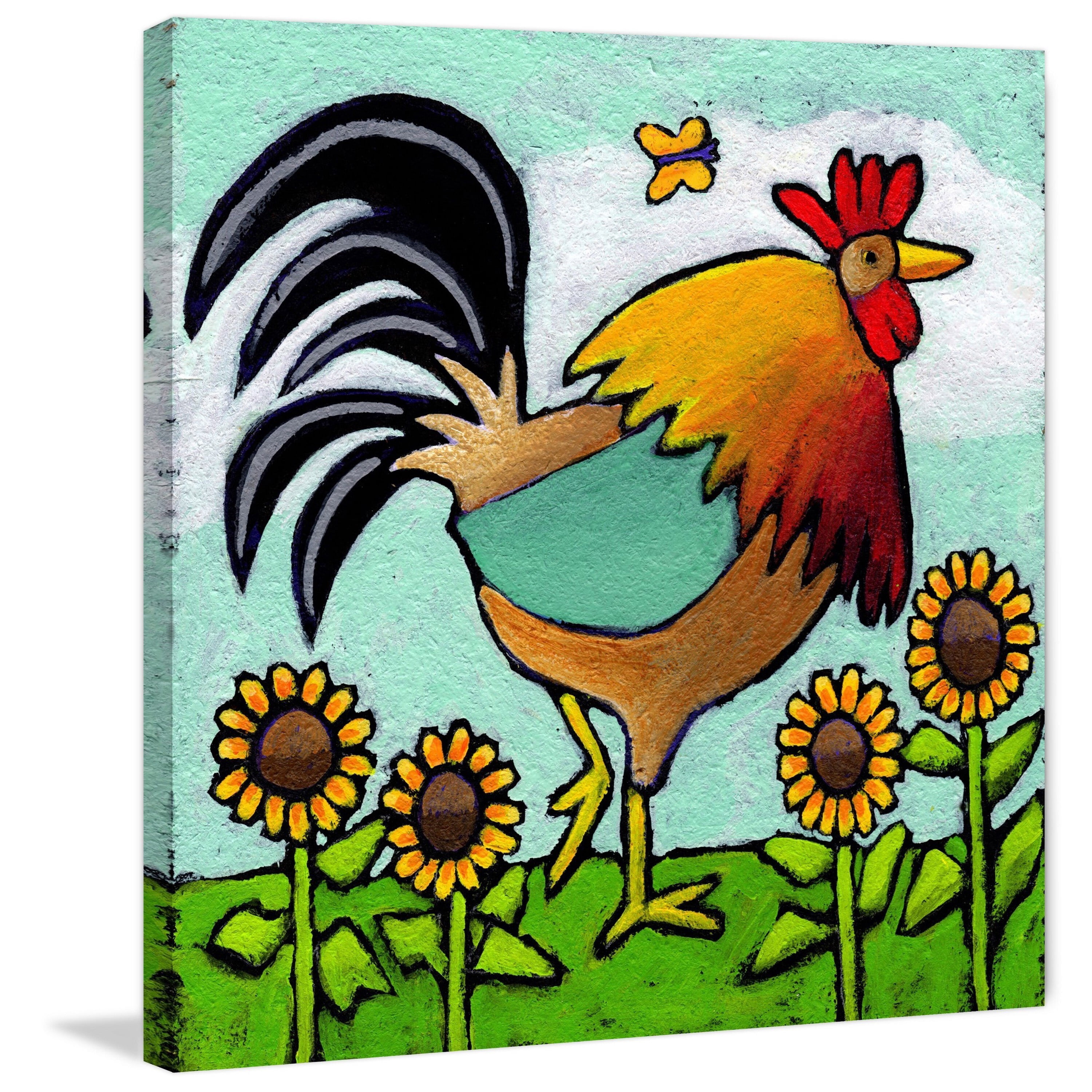 Marmont Hill - "Rooster with Sunflowers" by Janet Nelson Painting Print on Wrapped Canvas