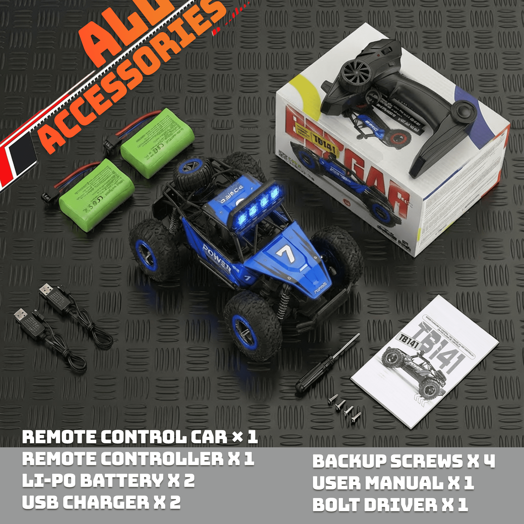 YCFUN RC Cars, 1:14 Scale Off-Road RC Monster Truck with Lights, Metal Shell & 2 Batteries, 2.4Ghz Remote Control Car Crawler for Kids Adults, Blue