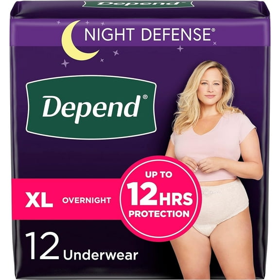 Depend Night Defense Adult Incontinence & Postpartum Bladder Leak Underwear for Women, Disposable, Overnight, Extra-Large, Blush, 12 Count, Packaging May Vary