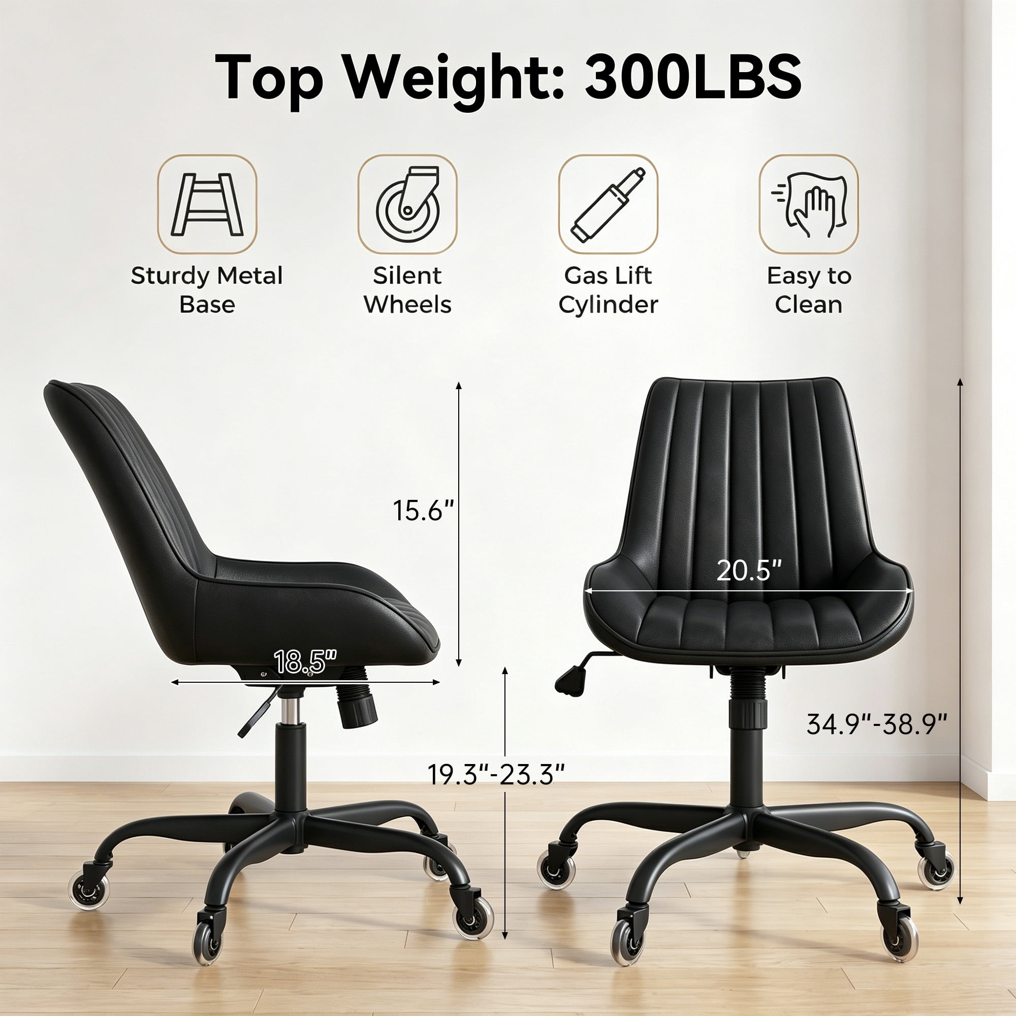 MOONMISS Armless Office Desk Chair Modern Upholstered Faux Leather Swivel Task Chair,Black